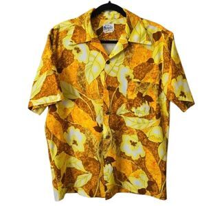 Vintage Evelyn Margolis Mens Hawaiian Shirt Tropical Floral 60's Yellow Size L